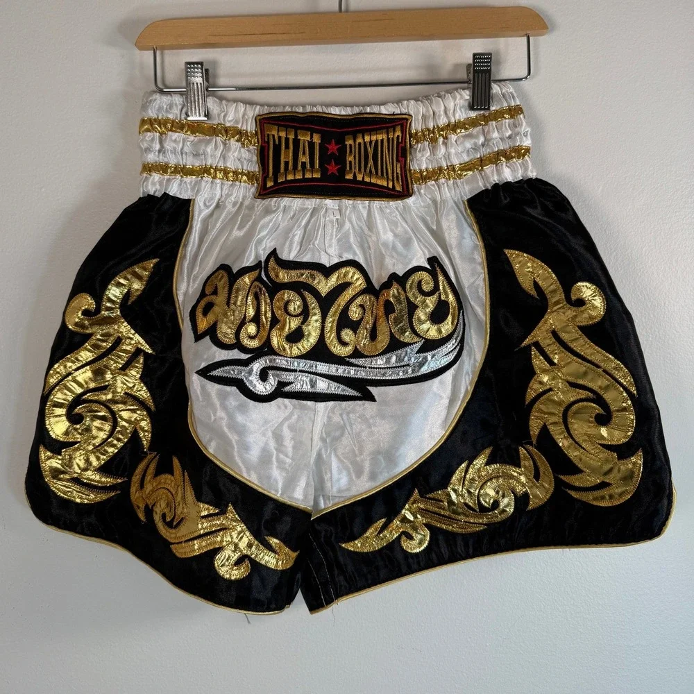 Thai Boxing Muay Thai Shorts Mens L Black White Gold Embroidered EUC